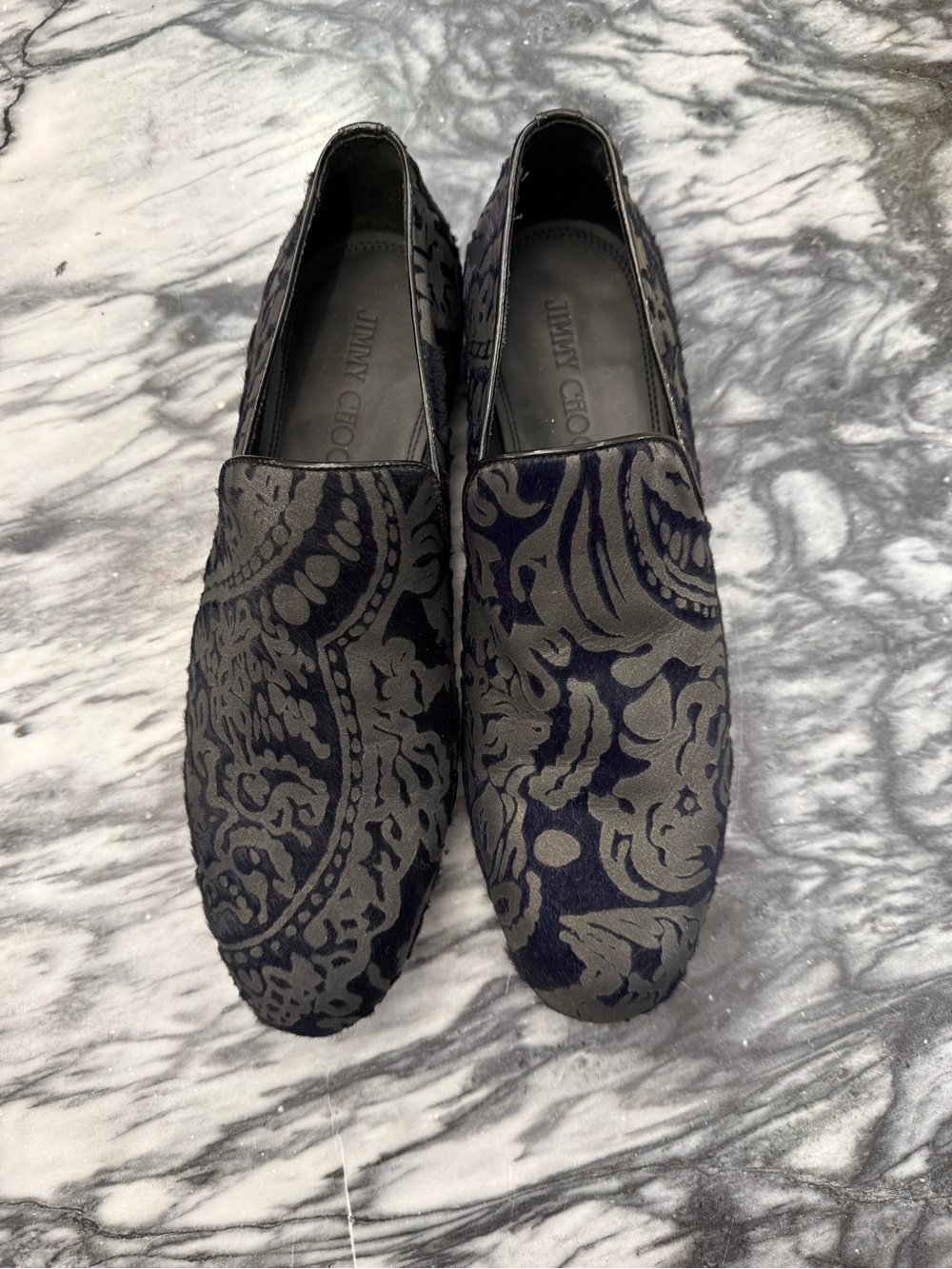 Jimmy Choo Black & Gray Damask Velvet Slip-On Loafers
